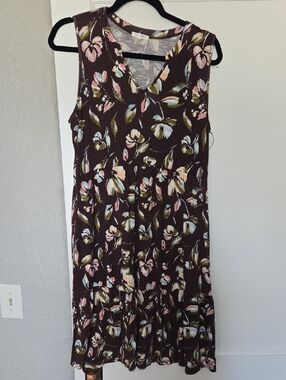 Maurices Brown Floral Midi Dress with Pink & Cream Blooms
